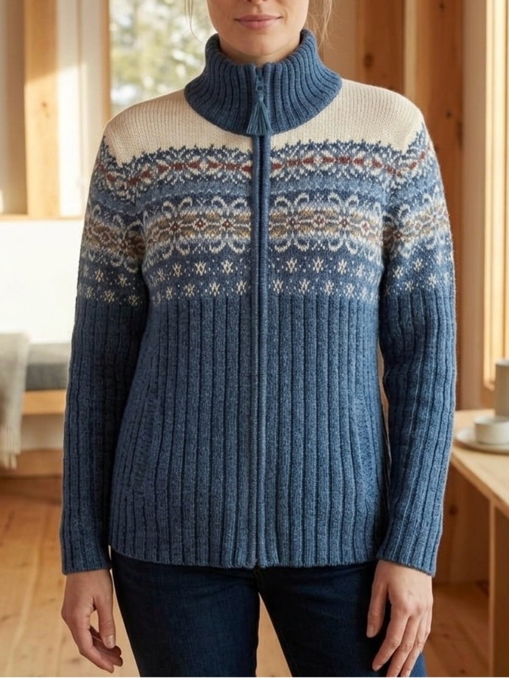 Vintage 2004 Tiara International Fair Isle Zip Up Sweater Blue Nordic Y2K